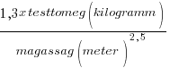 {1,3 x testtomeg (kilogramm)} / {magassag (meter)}^{2,5}